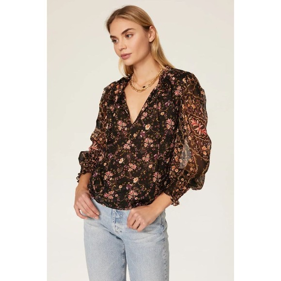 MISA Los Angeles Tops - MISA Los Angeles Siena Chiffon Long Puff Sleeve Floral Top Black Women's XS
